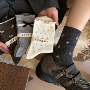 DSF Studio 花边袜子女中筒袜春夏季款棉袜蝴蝶结碎花复古韩版日系春天长筒袜