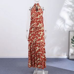 Hollow-out Halter Maxi Dresses Women Sleeveless Backless Waist-cinching Ruffles Dress 2026 New Ladies Summer Party Evening Robe2026