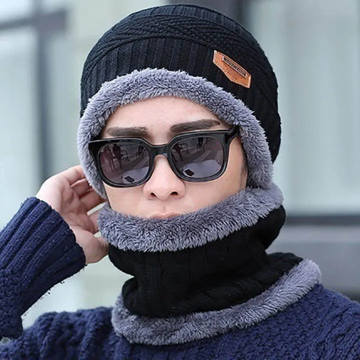 【Cap+Scarf】 Knitted Hat Scarf Caps Neck Warmer Winter Hats For Men Women  Skullies Beanies Warm Fleece Cap