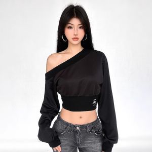 Korean Plus Size Off shoulder Long sleeved Crop Top T-shirt for Women