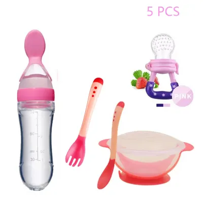 5 pcs/set Baby Food Feeder Kit Infant Fruit Feeder Pacifier Teething Toy + Temperature Sensing Spoon Fork+Sucking Bowl + Squeeze Feeding Spoon Food Dispenser Bottle gift
