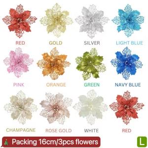 BINLU 12pcs 16cm White Glitter Christmas Flowers Big Size Christmas Decorations Artificial Flower for Decoration with Sticks Christmas Tree Decor Christmas Decoration for Home Wreath Tree Ornaments