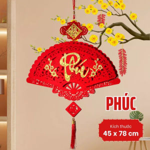 Khánh Treo Tết Nhung Đỏ Hình Quạt Phúc Lộc Thọ | Decor Tết Phong Thủy Treo Cửa & Bàn Thờ