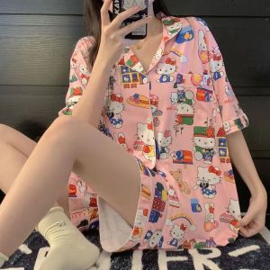 Sweet Hello Kitty Girls Pajama Sets Loose Soft Sanrio Cartoon Kuromi Cute Womens Nightgown Short Sleeve Sleepwear Clothes Summer
