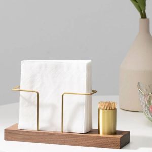 Vertical Tissue Dispenser with Toothpick Case Metal Napkin Holder Multi-use Gold Wooden Home2026