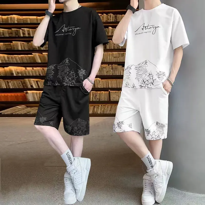 Men Short Sleeve Two Pieces Set Summer Mens Print Tracksuit