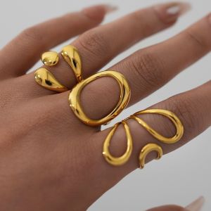 OKKFINE Vintage Geometric Rings Gold Plated Stainless Steel Hollow Rings Aesthetic Minimalist Line Rings