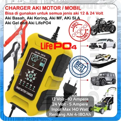 Charger Aki 12V-10A 24V-5A 180AH Smart Otomatis LCD Display LiFePO4