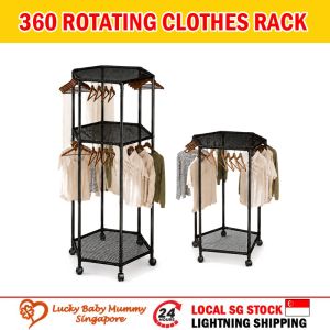 360 Rotating Clothes Drying Rack Mobile Garment Organizer with Mesh Shelves Wheels for Bedroom Balcony