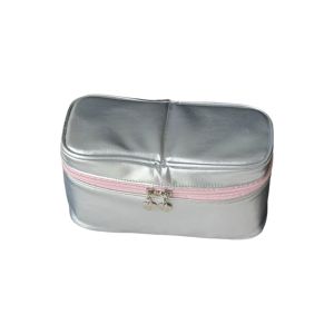 GOXBERK Da PU Túi trang điểm màu bạc Dung lượng lớn Đa chức năng Túi đựng mỹ phẩm Sang trọng Có thể tháo rời Hộp đựng mỹ phẩm du lịch Phụ nữ
