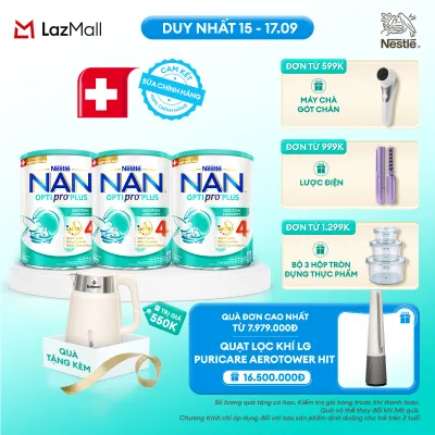 [CHỈ 15-17.9 QT ĐƠN 599K/999K/1299K][Tặng ấm đun siêu tốc kalpen] Combo 3 lon Sữa bột Nestlé NAN OPTIPRO PLUS 4 800g/lon với 5HMO Giúp tiêu hóa tốt + Tăng cường đề kháng