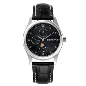 BERNY Men Watch Date Weeks Moon Phase Quartz Watches for Men Stainless Steel Leather Strap Business Wristwatch Male Clock