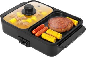 PERFERATE 2-in-1 Electric Hot Pot and Grill Combo 1200W Multifunctional Teppanyaki With Dual Temp Control Indoor Teppanyaki Korean BBQ Capacity for Shabu Shabu BBQ Quick Heating (Black)