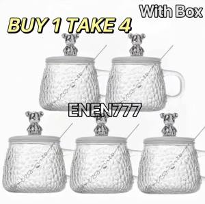 【 BUY 1 TAKE 4 】 300ML Cute Glass Cups Water Pattern Ins Style Coffee Cup With Lid Scented Tea Office Mugs Christmas Gifts