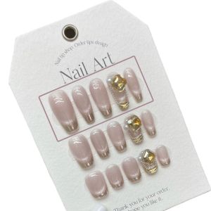 [HANDMADE]Artificial Nail Autumn and Winter Nude Cats Eye Magic Mirror French Amber Gemstone Pearl Chain Phototpy Nails Reusable and Removable Nails