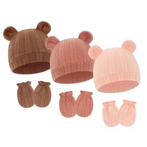 Breathable Cotton Blend Bear Ear Cap Gloves for Toddler Infant 0-2 Months Baby Gloves Hat Set No Scratch Mittens