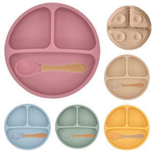 2PCS Silicone Baby Feeding Bowl Wood Spoon Set Kids Dishes Waterproof Suction Plate Children Tableware Dinnerware Set Baby Stuff h260612