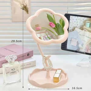 Makeup Mirror Flower Rotating Tabletop Cermin Solek Vanity Tray Jewelry Hair Accessories Decor