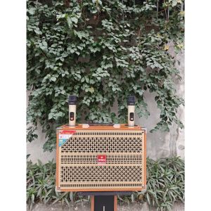 Loa xách tay TX 202 - kèm 2 micro không dây tần số UHF vỏ gỗ bass 20 âm thanh to hát vang mic hút âm tốt bảo hành 12 tháng