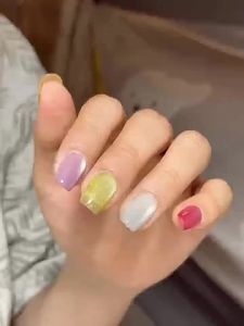 [HANDMADE]Artificial Nail Short Rainbow Cats Eye Phototpy Nails Fake Nails Reusable and Removable Nails