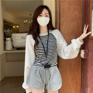 Kaos Lengan Panjang Wanita Palsu Dua Potong Atasan Bergaris Kemeja Pendek Kain Tipis