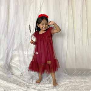 Gaun Pesta Warna Merah Maroon Anak Cewek Perempuan 3 4 Tahun Lengan Pendek Dress Merah Maroon Marun Tutu Anak Balita Gemes Imut Korea Style Tren 2025 KA154