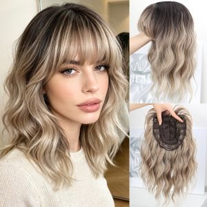JON09 Gradient Short Wavy Wig Fluffy Natural Clip-In Bangs Extension Invisible Closure Synthetic Topper Hairpiece for Women with Thinning Hair