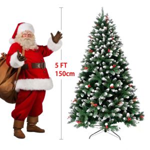 Berry Christmas Tree Decor 5/6/7/8 FT Artificial Snowflake Christmas Tree with Metal Stand Red Berries Pine Tree X-mas Decoration