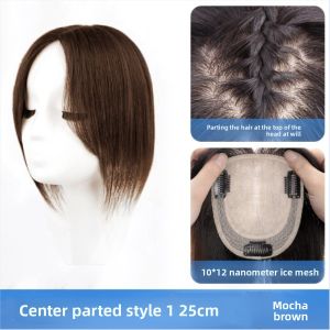 10*12-25cm 100% Human Hair Topper Black & Mocha Brown Breathable Lightweight Hair Piece Cover White Hair Add Volume For Women