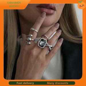 ❣️❣️❣️ 5Pcs Set Fashion Acrylic Rhinestone Open Rings For Women Vintage Geometric Square Adjustable Knuckle Ring Men Jewelry