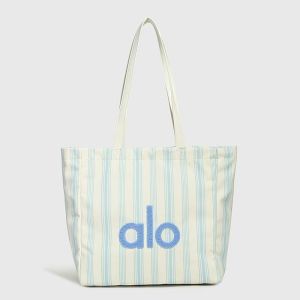 ALO Striped Canvas Tote Bag Colorful Embroidery Letter Shoulder Bag Casual Shopping Handbag