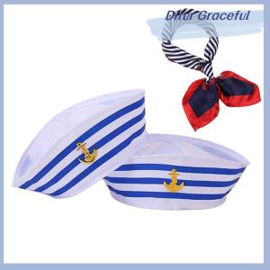 Ditur Women Small Square Scarf Sailor Cap Set Stewardess Striped Patchwork Satin Scarf With Carnival Christmas Striped Navy Sailor Cap