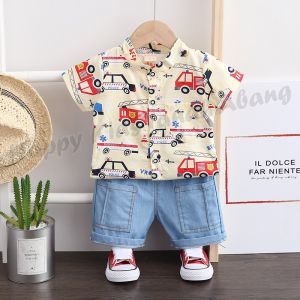 Setelan Kemeja Anak Laki Laki Keren Lengan Pendek Model Korea Bahan Katun Celana Jeans