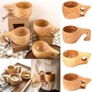 1 Pc Japanese Style Wood Coffee Mug Portable Rubber Wooden Tea Milk Cups with Hanging Rope Drinking Mugs Handmade Drinkware Teacup
