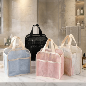 CNAIFE2 PVC Mesh Makeup Bag Large Capacity Solid Color Cosmetic Storage Bag Portable with Handle Makeup Pouch for Home