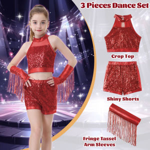 LOlanta Girls Sequin Dance Outfit Crop Sequin Top Metallic Shorts with Tassel Arm Sleeves Recital Costumes 5-13 Years