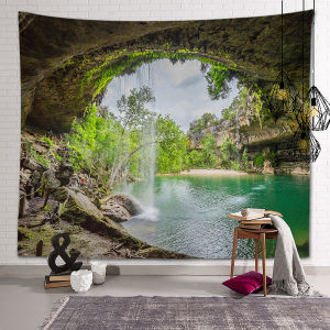 Tree Hole Window View Tapestry Green Coconut Tree Decor Hanging Background Wall 3D Printing Cloth Curtain Home Living Room Bedroom Decoration