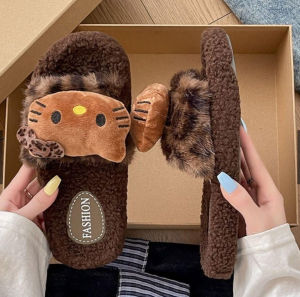 พร้อมส่งจากนนทบุรี รองเท้าแตะขนปุยสำหรับผู้หญิง ลายแมวดาว ดีไซน์แมวน่ารัก รองเท้าแตะกันลื่น รองเท้าแตะผ้ากำมะหยี่ขนปุย