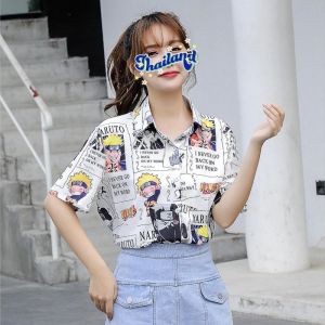 2025 Summer Womens Fashion Trend Loose and Slimming Anime Print Simple and Casual Western Style Versatile Polo Collar Short Sleeve Shirt