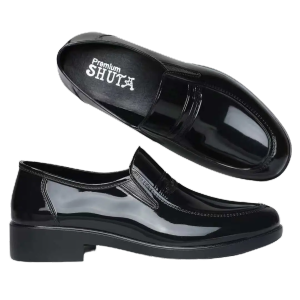 New Mens Korean Style Shiny Black Loafers High-Quality Rubber Non-Slip Sole Waterproof Durable Slip-On Comfortable Formal Shoes for School Work 0145523