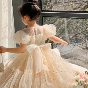 2-10Y Kids Dress Girls Korean Princess Birthday Party Bow Summer Skirt Baby Girls Bubble Sleeve Mesh Sequin Sweet Cute Dress