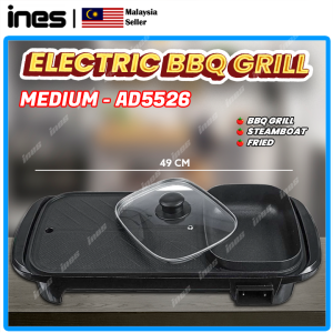Long Pan 2 IN 1 Electric BBQ Grill Steamboat Pot Grill Pan Fry Hot Pot Steamboat Pan Periuk Stimbot