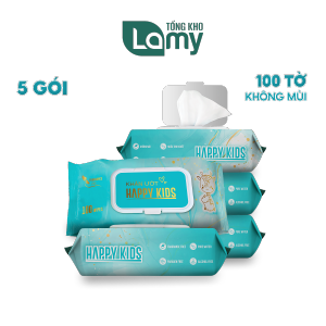 TỔNG KHO_Combo 05 gói khăn ướt Happy Kids gói 100 tờ không mùi không parabens chuyên dùng cho em bé