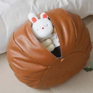 SVSAKZ168 Round Pumpkin Pouf Cover Large Capacity Leather Footstool Cover Vintage Decorative Storage Bag  Room
