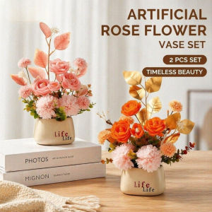 Artificial Rose Flower Vase Set Realistic Silk Bouquet No Maintenance Home Table Wedding Decor