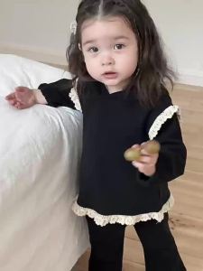 Childrens spring outfits baby spring clothing 2026 Spring Korean-style childrens clothing girls lace hooded sweatshirt set