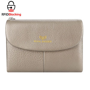 Royal Bagger RFID Blocking Womens Short Wallet Genuine Leather Multi-card Slots Card Holder Trifold Purse Magnetic Opening 2063