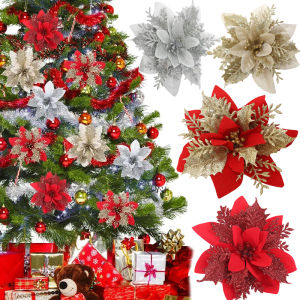 20Pcs Christmas Artificial Flowers Gold Red Glitter Poinsettia Xmas Tree Ornaments DIY Wreath Garland Wedding New Year Party Decorations