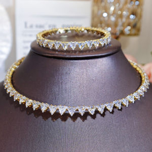 SEQUITO High Quality Brides Jewelry Set Inlay Triangle Cutting AAA Cubic Zirconia Golden Fashion Crystal Adjustable Choker Necklace Bangle Party Accessories SJ397