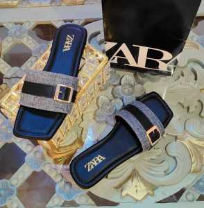 SANDAL SELOP FLAT ZARA DENIM GESPER KEKINIAN KOREAN STYLE KODE A20B